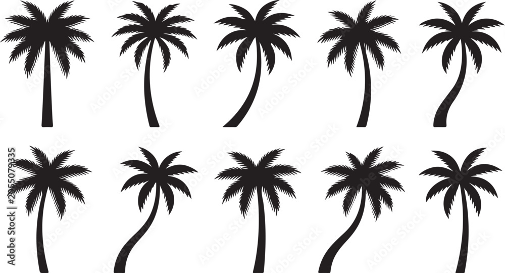 Fototapeta premium Ten stylish black palm tree icons in a row