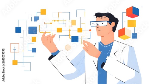 Professional Scientist Analyzing Data Connections with Geometric Blocks