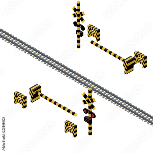 踏切設備と線路のアイソメトリックイラスト。鉄道インフラ・交通安全素材