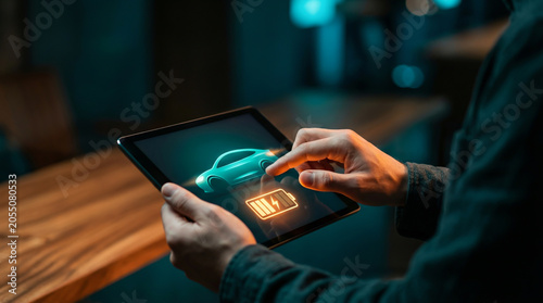 Hands holding tablet with glowing blue electric car and orange battery hologram