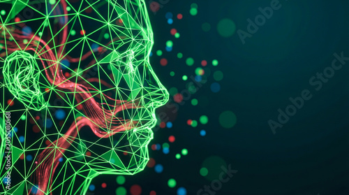 Futuristic glowing wireframe human head with colorful particles