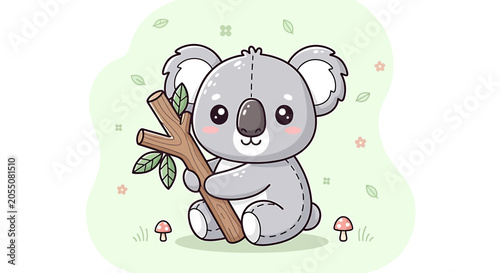 Cute cartoon koala hugging a tree branch, adorable baby animal illustration