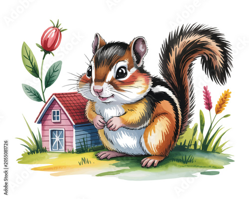 Canvastavla watercolor Chipmunk with farm home vector illustration isolated on white backgro