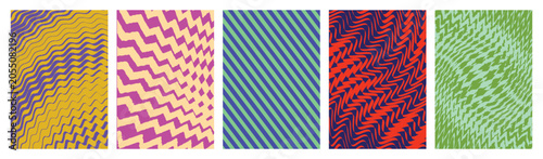 Abstract geometric vector poster set halftone grid dynamic motion ornament, Wave and Distortion Patterns, Minimalist futuristic kit 2