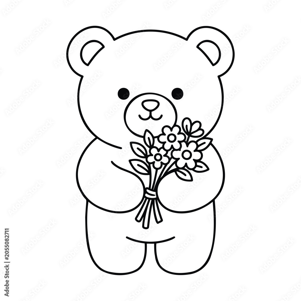Fototapeta premium Cute teddy bear holding a bouquet of flowers sketch style isolated on white background art