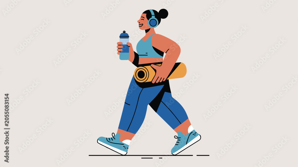 Obraz premium Smiling woman in blue fitness attire walking with a yoga mat, water bottle, and headphones, representing a healthy and active daily lifestyle.
