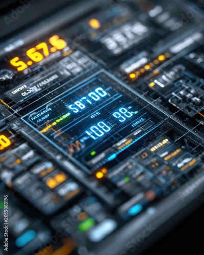 Digital screen detail of advanced smart meter displaying real time energy exchange metrics and decentralized network connections for power trade and energy democratization concept
