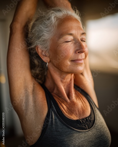 Close-up portrait of active older adult practicing yoga with graceful flexibility in peaceful studio setting representing senior wellness healthy aging mindfulness and lifelong fitness concept