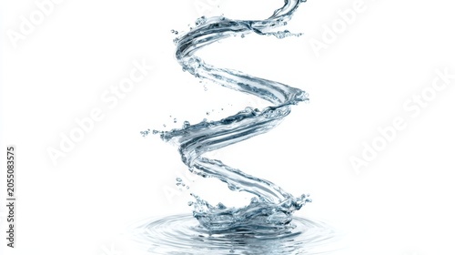 Dynamic upward spiral of clear liquid captured at high speed in bright high-key studio lighting, three-quarter view isolated on white background with soft reflection for energy concept design use