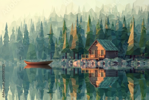 Low poly tranquil lake scene with geometric log cabin wooden boat and polygonal evergreen forest in sage green slate blue and warm brown capturing indie game design and geometric art concept