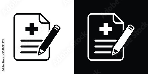 Medical prescription document icon with pencil. Black and white minimalist vector graphics for healthcare and digital rx.