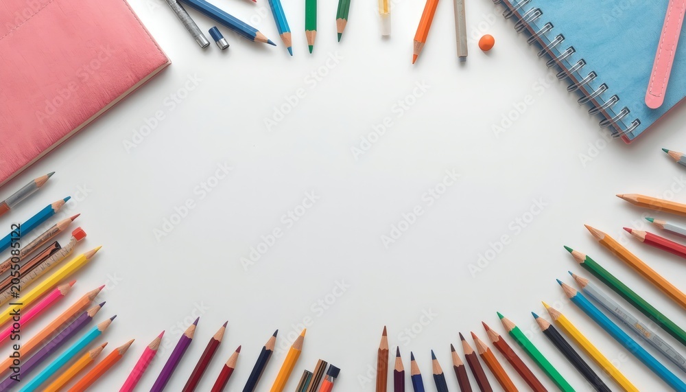 Fototapeta premium Colorful school supplies arranged in a frame on white background
