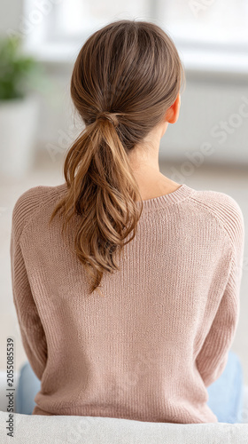 Woman with tight ponytail sitting on therapy couch in relaxed setting