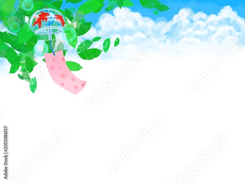 入道雲と青い空をバックに緑の葉っぱとゆらゆらと揺れる風鈴の背景素材イラスト