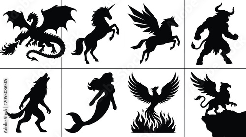 Foto Black silhouette icons of mythical creatures and fantasy beasts featuring dragon