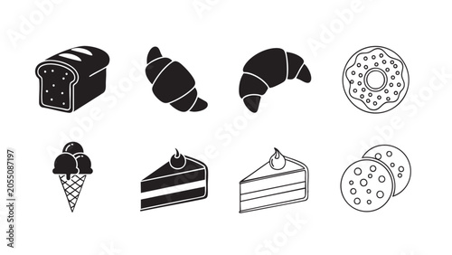 Tableau sur toile croissant, bread and slice dessert icons in black