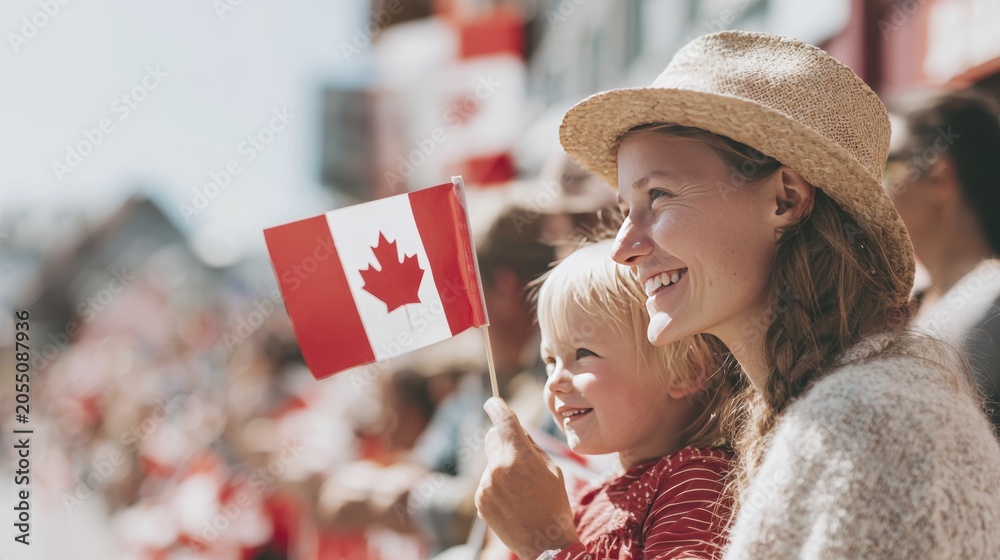 Fototapeta premium Smiling mother and child at canadian holiday event with flag