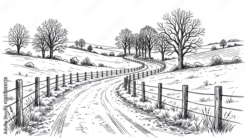 Obraz premium Winding country road through rolling hills with bare trees and fences