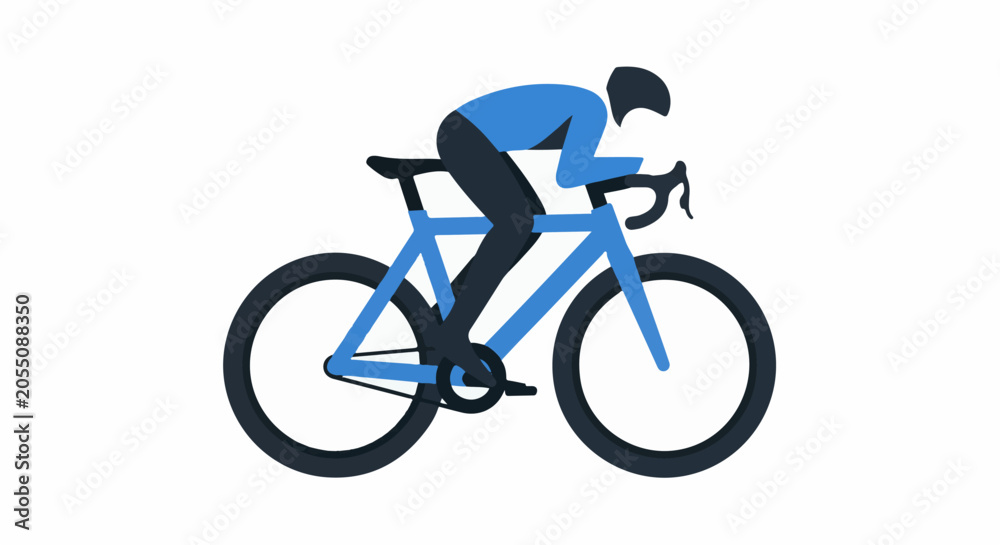 Fototapeta premium Stylized cyclist in blue jersey and black helmet races forward on a blue bicycle