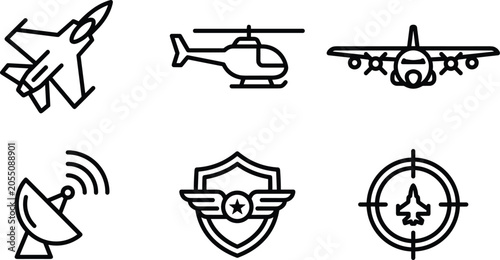 Foto Military aviation line icon vector set fighter jet helicopter cargo plane radar