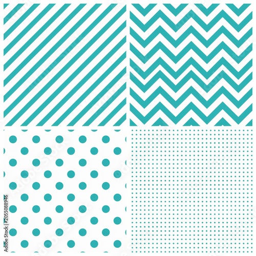 Set of four geometric seamless patterns featuring teal blue stripes, zigzags, polka dots, and small grid dots on a clean white background