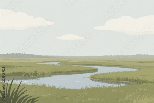 Minimal marshland landscape background with still water pools and distant reeds