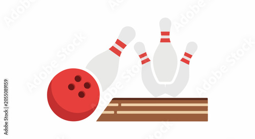 A red bowling ball is poised to strike several white pins with red stripes on a lane