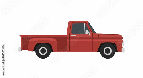 A red vintage pickup truck with black tires and a white rim