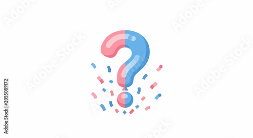 A question mark formed by a pink and blue balloon, surrounded by confetti