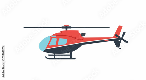 A red and navy blue helicopter with light blue windows and black rotor blades