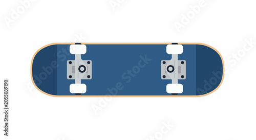 A plain blue skateboard with white wheels and grey trucks is displayed from above on a white background