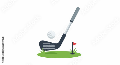 A golf club is poised to strike a ball on a green, near a red flag marking a hole