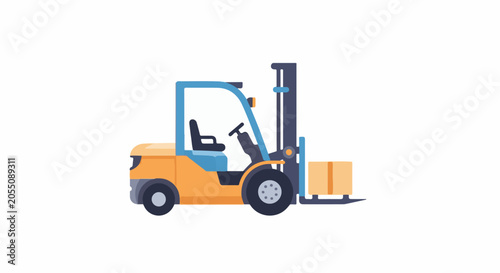 A flat, illustrated graphic of a yellow and blue forklift carrying a box
