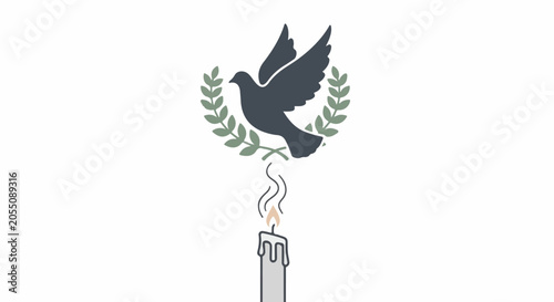 A dark bird in flight with a laurel wreath above a lit candle with smoke
