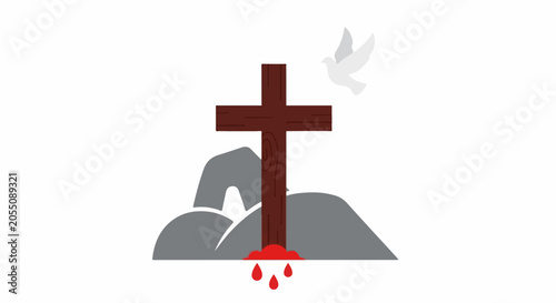 A dark cross stands on rocky ground, with blood dripping, while a white dove flies above