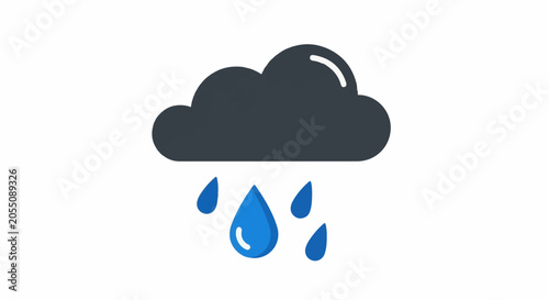 A dark cloud with three blue raindrops falling below it, on a white background