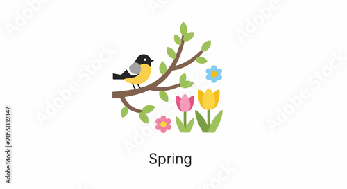 A cheerful yellow bird perches on a tree branch amidst blooming tulips and small flowers