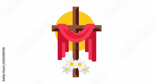 A brown cross with red cloth and white flowers against a yellow sun
