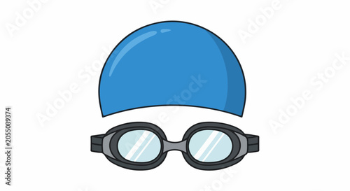 A blue swim cap and goggles with clear lenses are depicted against a white background