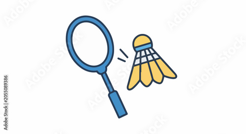A blue badminton racket poised to strike a yellow shuttlecock with lines indicating motion