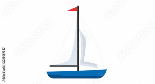 A blue sailboat with white sails and a red flag on a white background (1)
