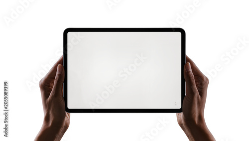 Isolated hands holding modern digital tablet with a blank screen in horizontal orientation