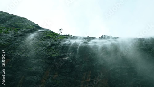 4K slow motion shot of waterfall falling from a cliff as seen while standing directly below it during the monsoon season in the Sahyadri mountain ranges at Maharashtra, India. Scenic view of waterfall
