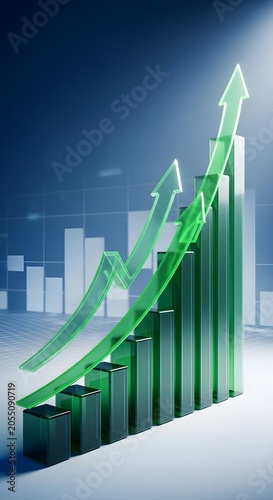 Rising financial growth chart with glowing green bars in modern office setting