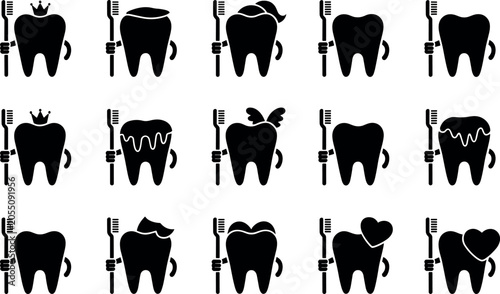 Φωτογραφία Vector set of linear character tooth silhouette icons