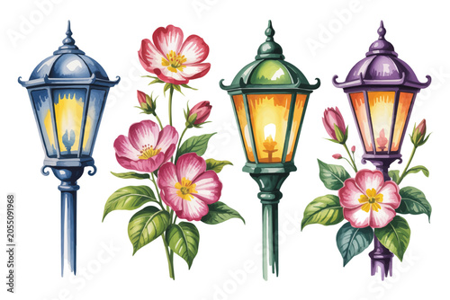 Fotografie watercolor Evening Primrose Flower Floral Street Lantern vector illustration iso