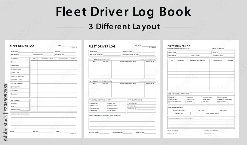 Fototapeta premium Printable Fleet Driver Log Book Templates with Inspection Checklists - Vector illustration