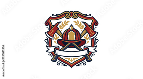Foto Decorative fire department emblem with crossed axes and shield.