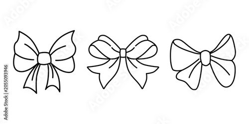 Elegant Bow Designs Vector Illustration Set. Black and white vector illustration set featuring three distinct bow designs. Ideal for use in crafting, fashion, and design projects.