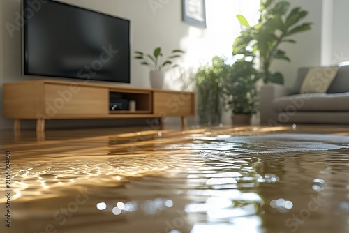 Intense close-up of a living room submerged in floodwaters, with water seeping from the TV stand.